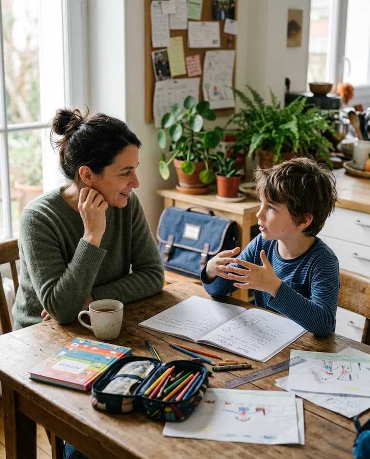 Un adulte et un enfant sont assis face à face autour de dessins et de cahiers.