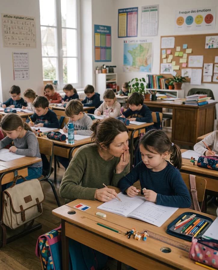 Une adulte se penche vers une élève assise à son bureau, dans une salle de classe.