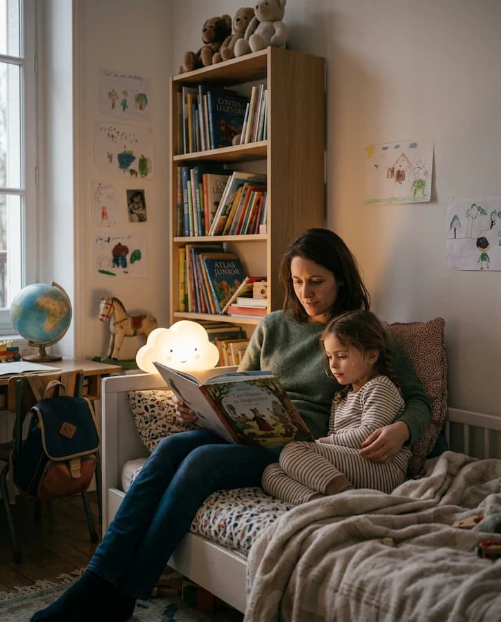 Une adulte lit un livre avec une enfant assise sur un lit.