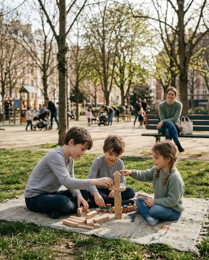 Trois enfants construisent ensemble avec des blocs dans un parc.