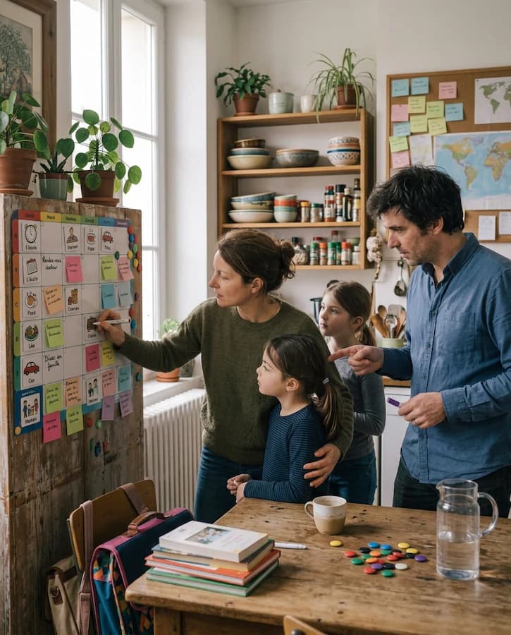 Deux adultes et deux enfants regardent un tableau de planning dans une cuisine.